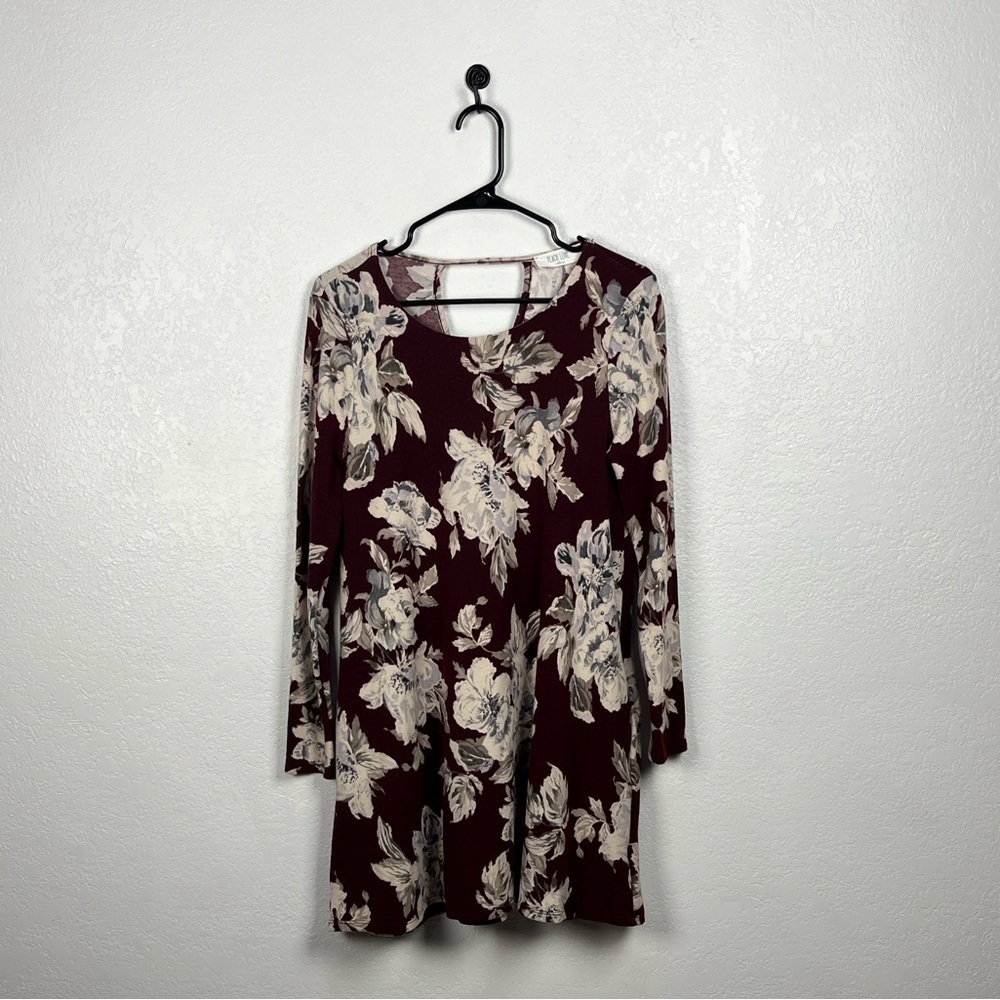 Peach Love California Women's burgundy floral tunic Mini dress Long sleeve Chic